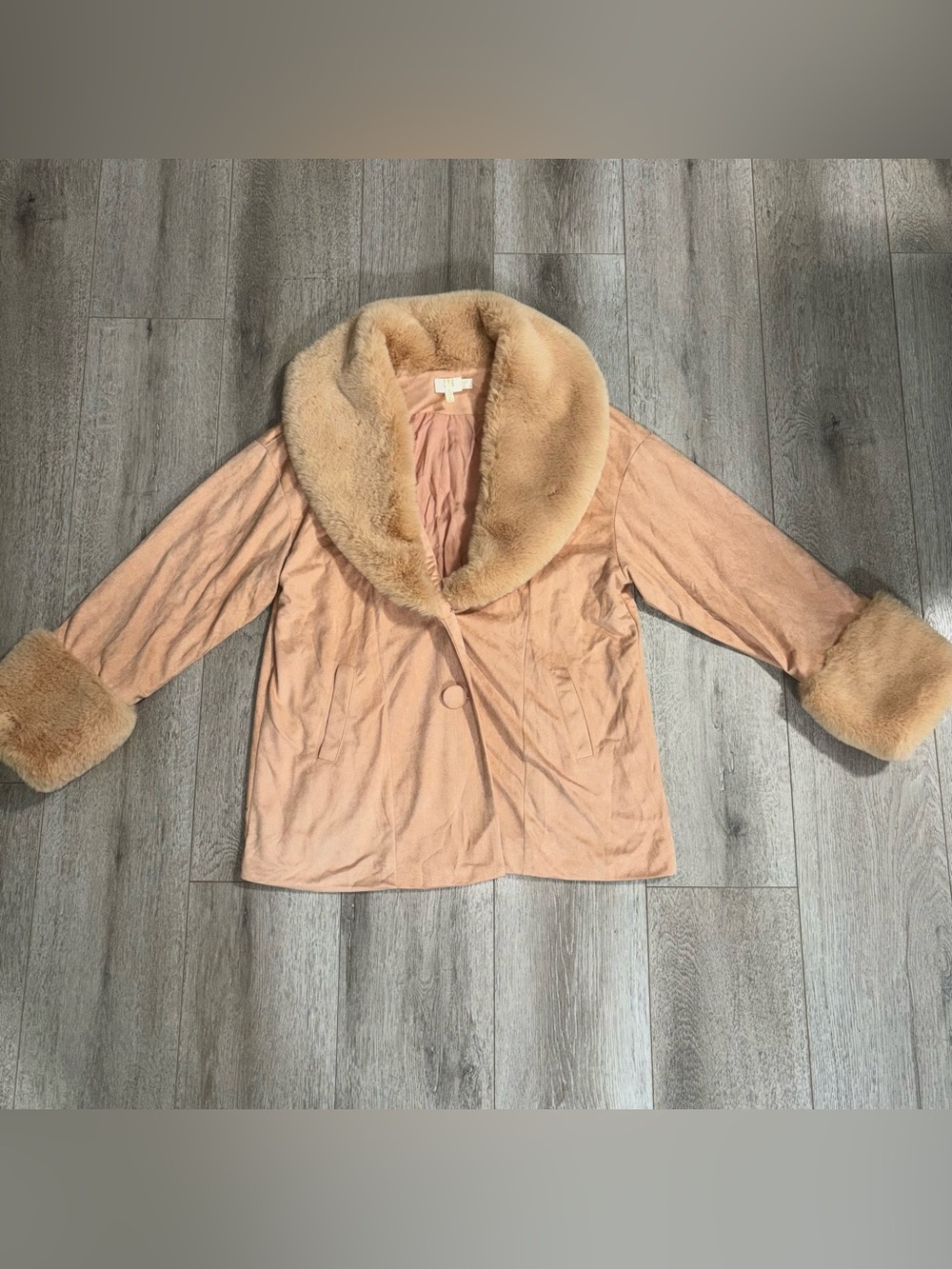 Vintage Y2K Zya Blush Pink Faux Suede Penny Lane Coat with Faux Fur Trim
